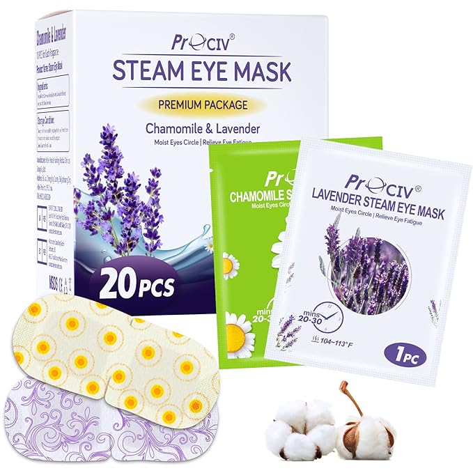 ProCIV FSA/HSA Eligible 20 Packs Steam Eye Masks, Warming Eye Masks for Dark Circles, Disposable Self-heating Hot Eye Mask Soothing Headache, Dry Eyes, Heating Eye Mask for Stress Eye Fatigue Relief