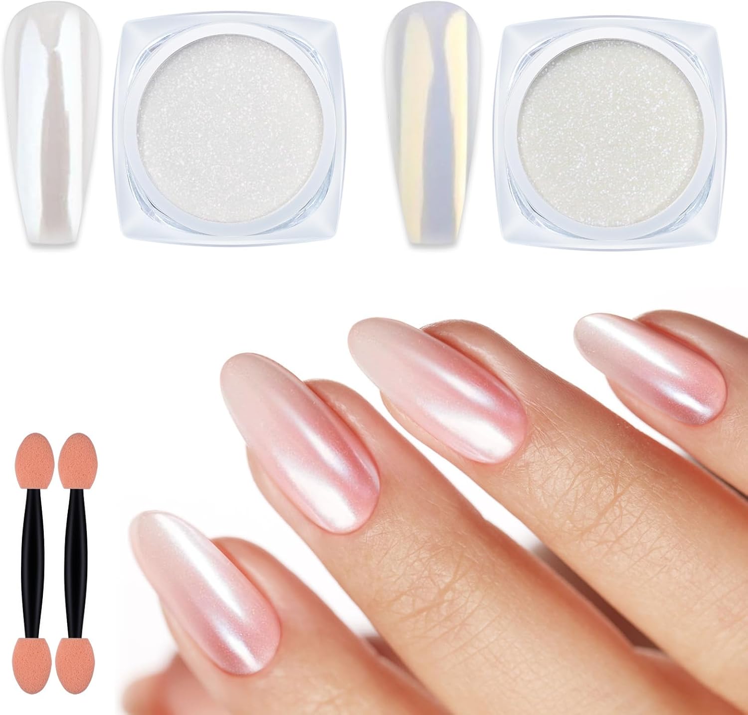 Artdone 2 Jars Chrome Nail Powder White and Gold Pearl,Iridescent Aurora Powder Metallic Mirror Effect Pigment Pearlescent Mermaid Pearl Glitter Dust Kit (White and Gold)