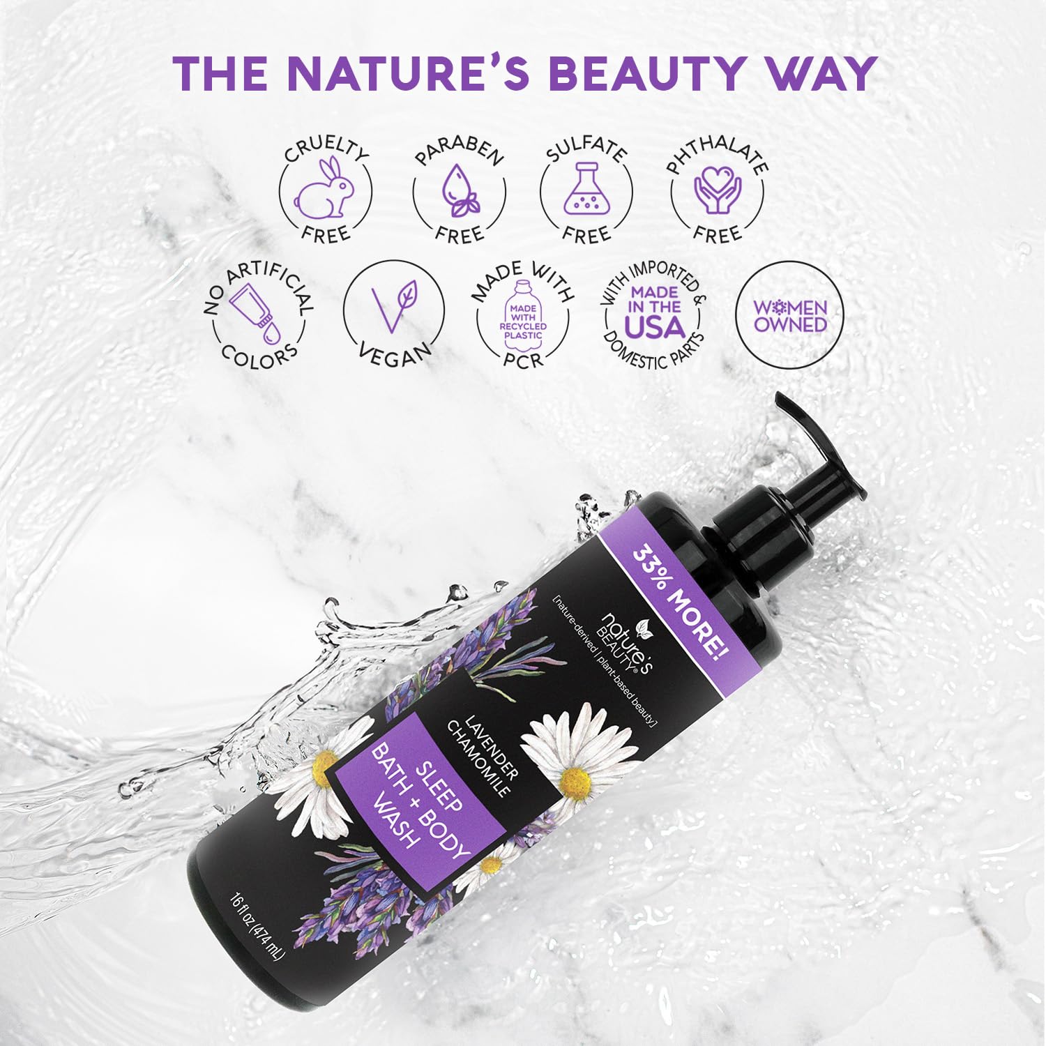 Nature's Beauty Lavender Chamomile Sleep Body Wash - Gentle Cleanser for All Skin Types - 16 Fl Oz