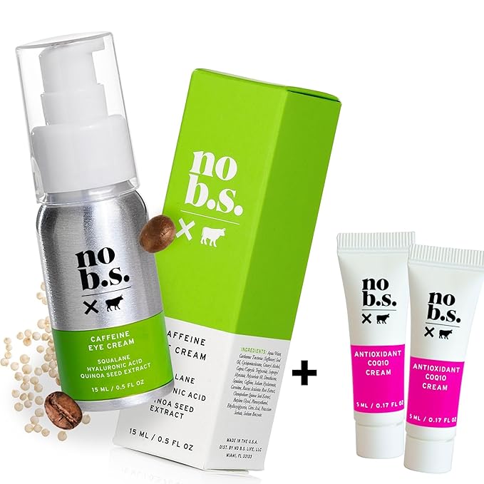 No B.S. (No Bad Stuff) Caffeine Eye Cream anti aging bundle with Two CoQ10 Deluxe Minis. Under Eye Cream for Dark Circles and Puffiness. Includes CoQ10 for Wrinkles.