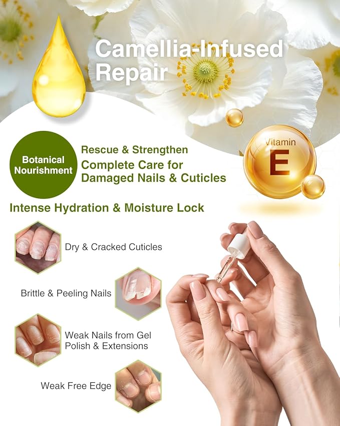 EJW Luxurious Camellia Nail & Cuticle Oil – Infused with Real Flower Extracts, Deeply Hydrating & Strengthening, Nourishing Elegance, Vegan & Paraben-Free – 0.5 fl. oz