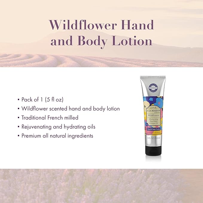 A LA MAISON Moisturizing Lotion, Wildflowers - Uses: Hand and Body, Argan Oil, Pure Shea Butter, Essential Oils, Plant Based, Cruelty-Free, SLS and Paraben Free