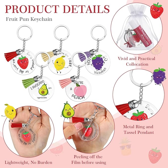 30 Sets Moisturizing Lip Balms Bulk Employee Appreciation Gifts with Fruit Pun Keychains and Organza Bags for Coworker Teacher Appreciation Mothers Day Gifts