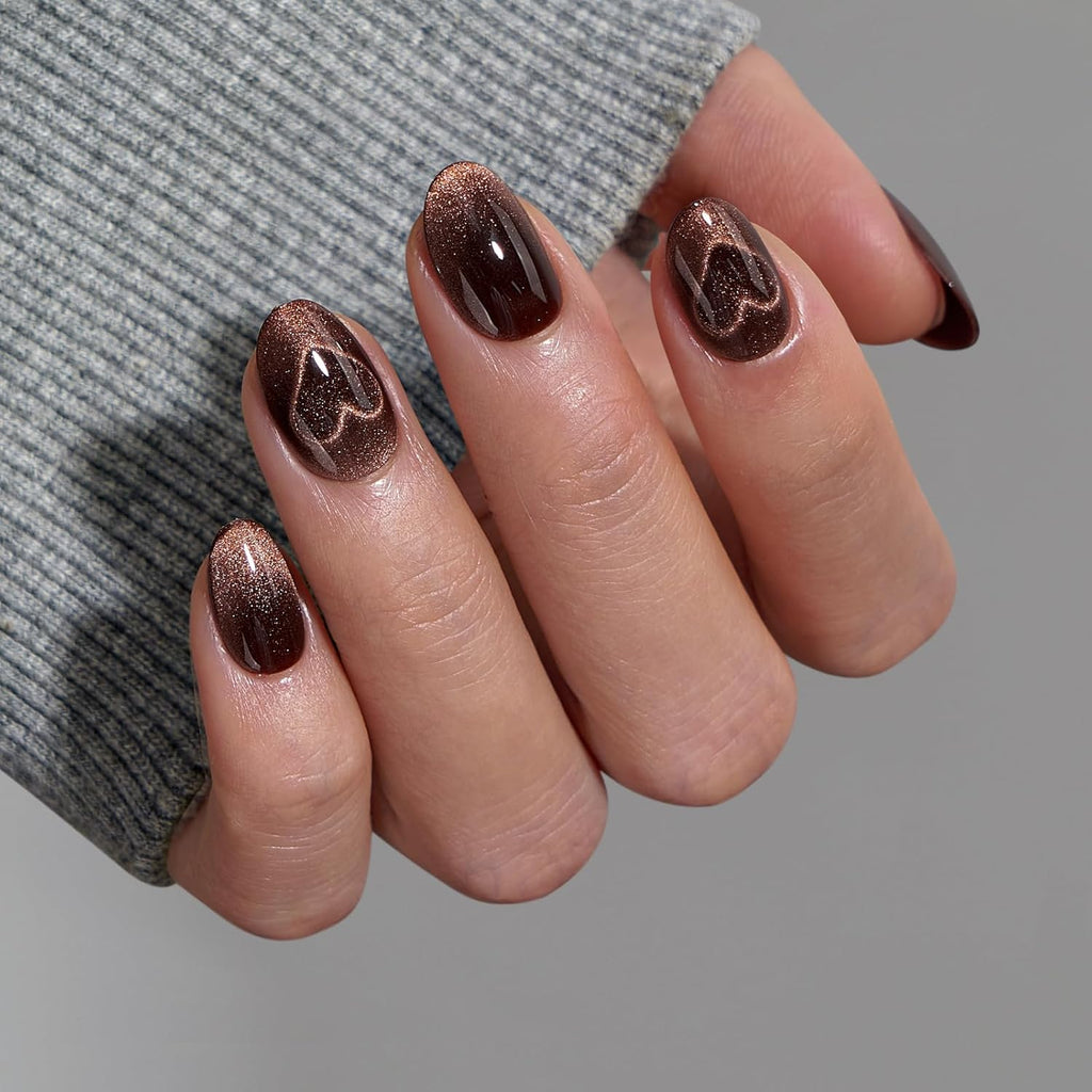 BTArtbox Extra Short Almond Press On Nails - Brown Cat Eye Press On Nails with Glue for Women, Opaque Soft Gel Glue On Nails in 16 Sizes - 32 Stick On Nails Kit, Heart Coffee Art