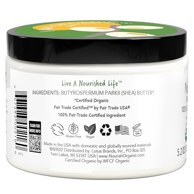 Nourish Organic Moisturizing Shea Butter – Organic Fair Trade Certified Shea Butter for Sensitive Skin Care, Face Care & Hair Care, 5.2 Oz Jar + Washable Cotton Round