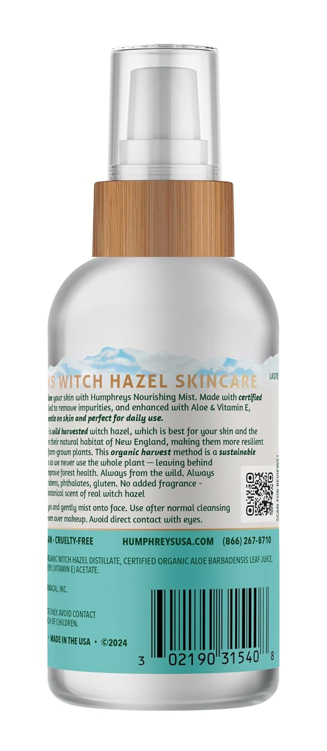 Humphreys Witch Hazel Nourishing Toner Mist Spray | Nourishing Hydrating Toner | Alcohol-Free | Wild Harvested Witch Hazel | Travel Size 3.3 Fl Oz | Clean Beauty | Vegan & Cruelty-Free