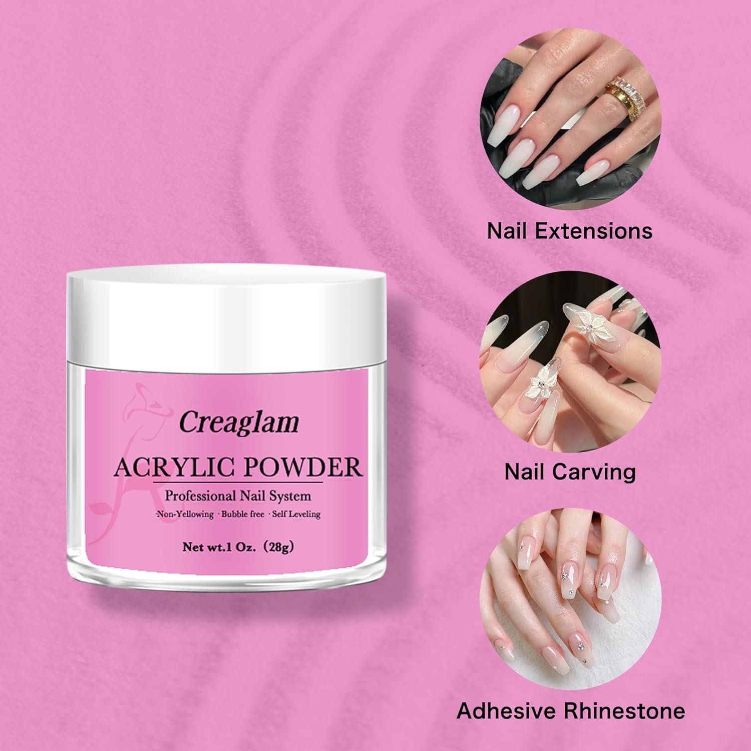 Acrylic Powder Large Capacity: 3Pcs 1 Oz. Orchid Glitter Super Nail Polymer for 3D Art Carving French Extension - 28g Pink-a-boo Phlox Pink Professional Acrylic Powder No Need Lamp