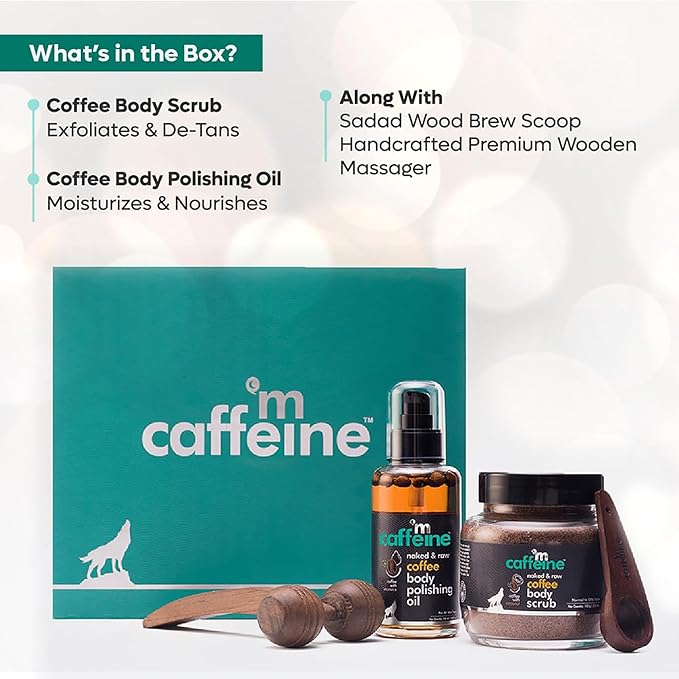 mCaffeine Coffee De-stress Gift Kit for Unisex - 4 Pc 3.38oz Naked and Raw Coffee Body Polishing Oi, 3.5oz Naked and Raw Coffee Body Scrub - Coconut, Brew Scoop, Wooden Massager