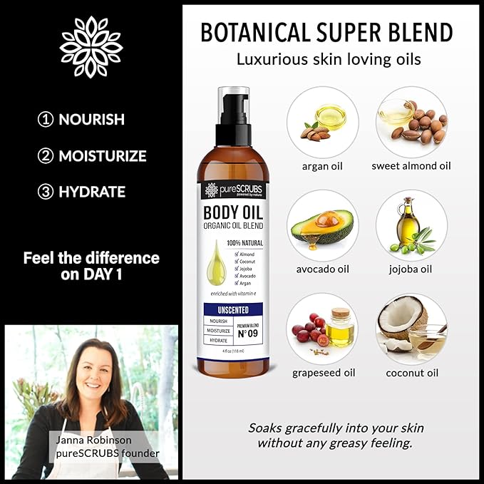 pureSCRUBS Ultra Moisturizing Unscented Body Oil Spray for Dry Skin, Massage, Stretch Marks, Organic Super Blend of Jojoba, Argan, Coconut, Sweet Almond & Avocado Oils Enriched with Vitamin E, Lg 4oz