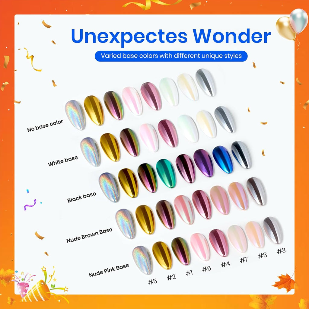 Beetles Chrome Nail Powder Gold Silver Mirror Effect 8 Colors Holographic Aurora Iridescent Pearlescent Manicure Nail Art Decoration Glitter Cromer Nail Powder for Nails 1g/Jar Gift for Women