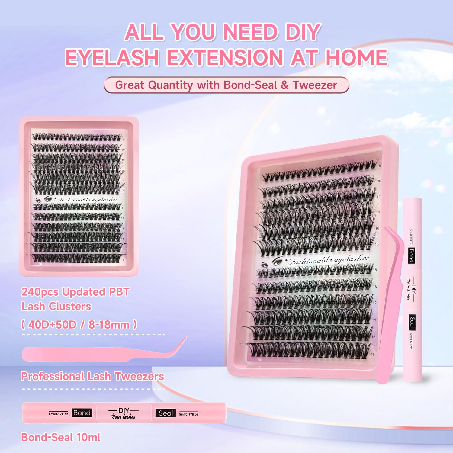 Lash Extension Kit DIY 240pcs Lash Clusters Eyelash Extension Kit, 8-16mm 40D 50D Individual Lashes Kit with Lash Bond and Seal, Lash Tweezers for Self Use (40D&50D, 0.07D, 8-16mm, Kit)