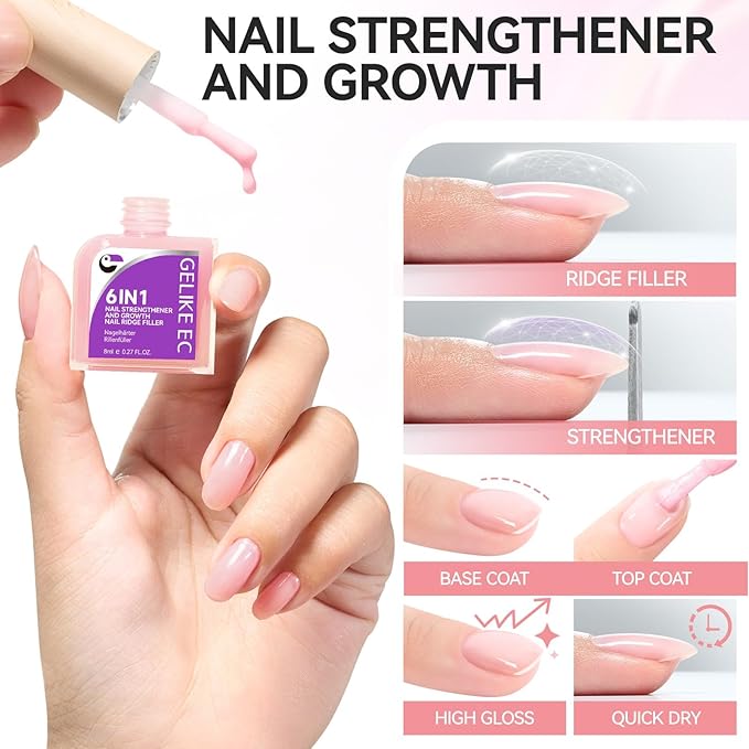 Nail Strengthener Protein for Damaged Nails: Pink 6 in 1 Natural Nail Hardener Extra Strong and Growth - Long Lasting Repair for Damaged Nails - Growth Oil for Salon Home Daily Work