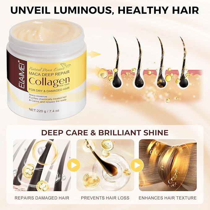 Collagen Hair Mask - 7.4 Fl Oz, Deep Hydration & Repair for Dry, Damaged Hair, Natural Collagen Mask for Hair Treatment, Suitable for All Hair Types