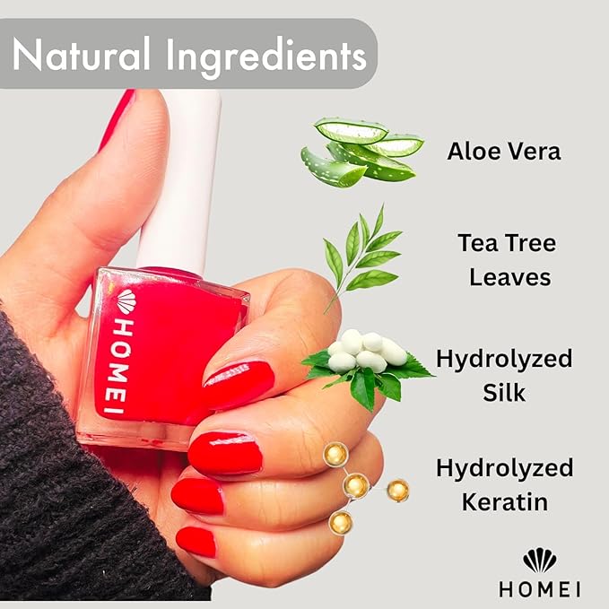 Nail Strengthener from Japan, Nail Hardener with Aloe Vera, Tea Tree Oil& Keratin for Healthy 5-in-1 Nail Solution Including Base Coat, Nail Color, Hardener, Top Coat& Nail Care, Classic Red