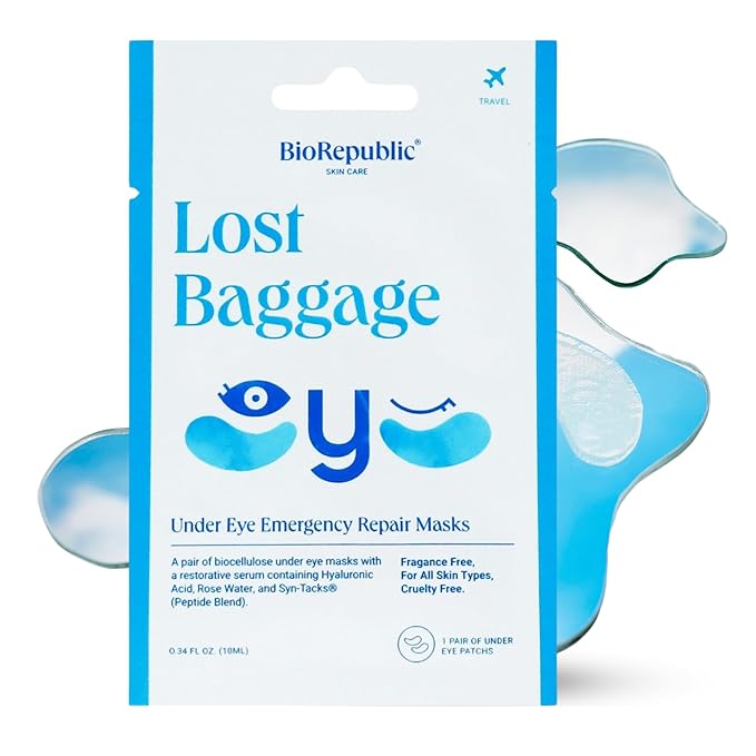 BioRepublic Lost Baggage Under Eye Emergency Repair Mask | Reduces Appearance of Lines, Bags, and Dark Circles Under Eyes | Organic Biocellulose Masks for Moisturization | Box of 3