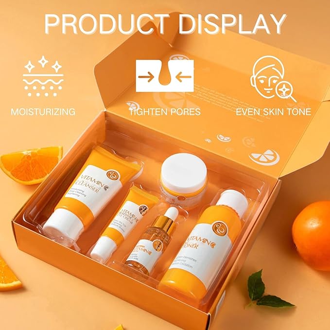 Vitamin C Skincare Set, 5Pcs Skincare Gift Set With Cleanser, Toner, Face Serum, Face Cream, And Eye Cream, Facial Kit for Women, 5-In-1 Skin care Gift Set, Moisturizing Skincare Set For Women Men