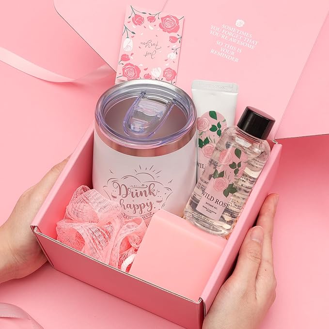 Skin Care Set Muse Lagoon Gift Baskets for Women 5 Pcs Rose Gifts for Her Includes Hand Cream Soap Sponge Shower Gel 355ml stainless steel tumbler, Christmas Gifts for Mom Sister