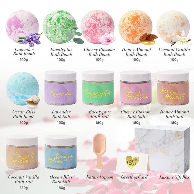 Luxury 14-Piece Floral Bath Salt & Bomb Gift Set for Mother's Day Gifts, Bath & Body Gift Set for Women, Self Care Kit with Bath Salt, Bath Bombs, Elegant Box | Christmas, Birthday Gifts for Her & Him