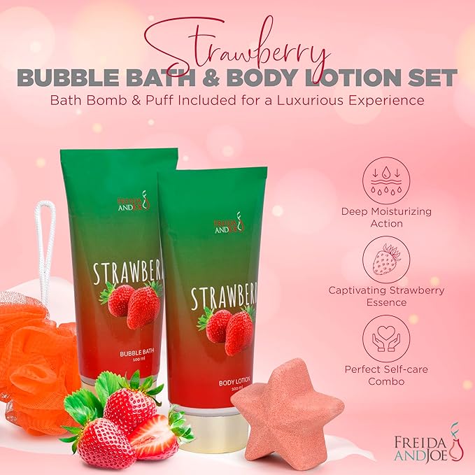 Strawberry Bath and Body Gift Set for Women - Luxurious Shower Pampering, Irresistible Strawberry Scent, Complete Body Skincare Collection