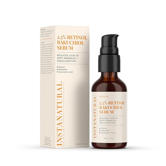 InstaNatural Retinol Serum for Face, 2.5% Retinol Bakuchiol, Minimizes Lines, Wrinkles, Discoloration and Signs of Aging, with Hyaluronic Acid and Squalane, 1 Fl Oz