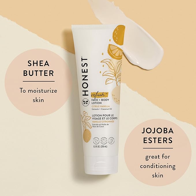 The Honest Company Hydrating Face + Body Lotion | Fast Absorbing, Naturally Derived, Hypoallergenic | Citrus Vanilla Refresh, 8.5 fl oz