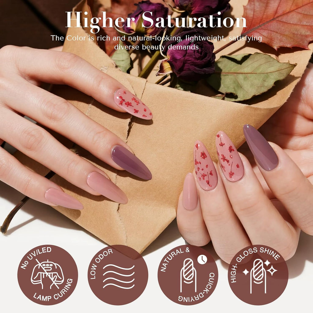 AZUREBEAUTY Dip Powder Nail Kit, 4 Colors Nude Brown with Dried Flower Set, Fall Winter Natural Dipping Powder Starter Liquid Set Recycling Tray with Base & Top Coat Activator ﻿