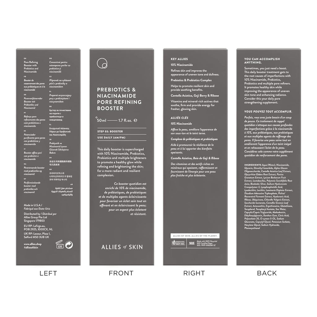 Allies of Skin Prebiotics & Niacinamide Pore Refining Booster: 10% Niacinamide, Goji Berry, Lysophosphatidic Acid. Pore Reducing Serum. Firms & Brightens. Strengthens Skin Barrier 1.7 oz / 50 ml