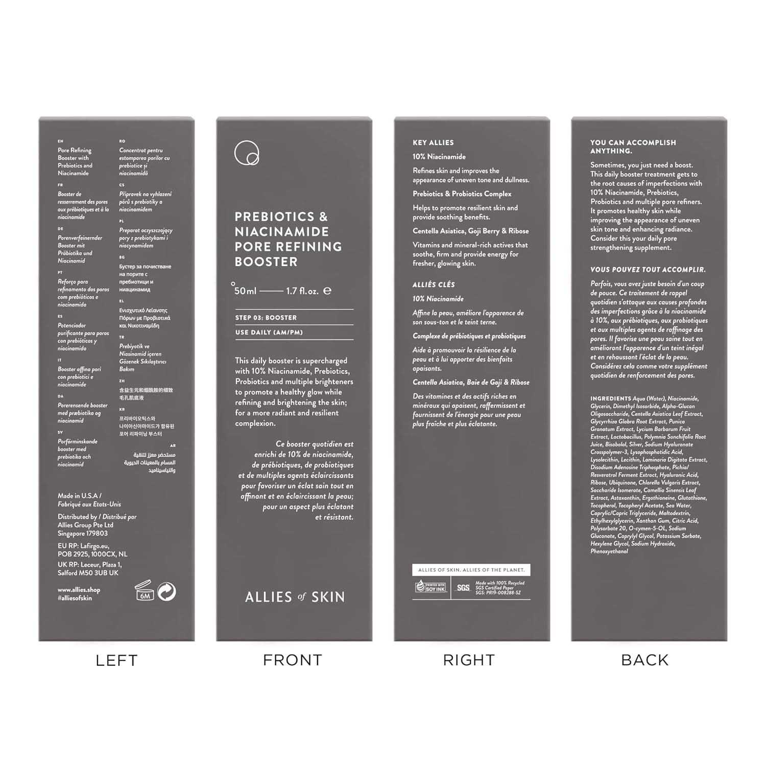 Allies of Skin Prebiotics & Niacinamide Pore Refining Booster: 10% Niacinamide, Goji Berry, Lysophosphatidic Acid. Pore Reducing Serum. Firms & Brightens. Strengthens Skin Barrier 1.7 oz / 50 ml