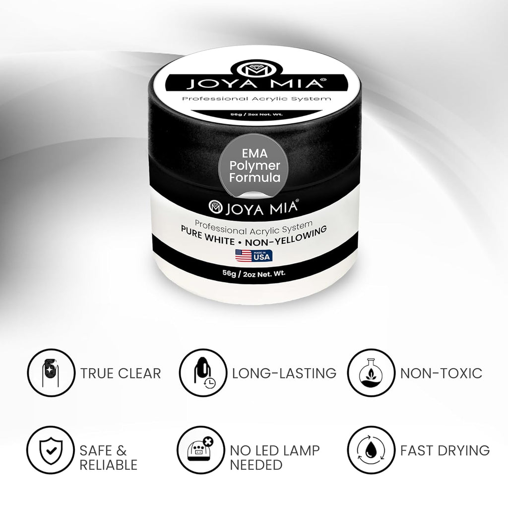 Joya Mia Acrylic Powder for Nails, MMA-Free, Super Adhesion Professional Powder for Flawless & Long-Lasting Nail Enhancements, Easy Application, Vibrant & Stunning Colors - Pure White, 2 oz