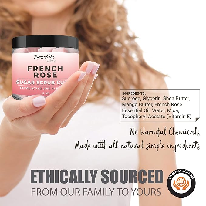 Body Scrub Exfoliator - 12oz FRENCH ROSE Sugar scrub cubes w/Mango Butter & Shea butter- Ultra Hydrating & Moisturizing - Natural & Organic for all body exfoliation- For hands, arms, legs & foot