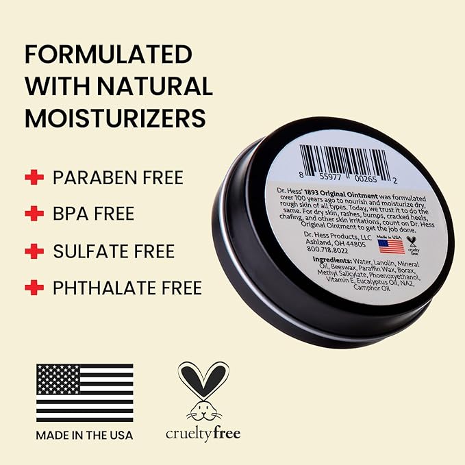 Dr. Hess' 1893 Original Udder Ointment, All-Purpose Nourishing Body Moisturizer for Healing Dry, Irritated Skin, Cracked Heels, Rashes, Chafing with Lanolin, Beeswax, & Eucalyptus Oil, 1.4 oz 4 Pack