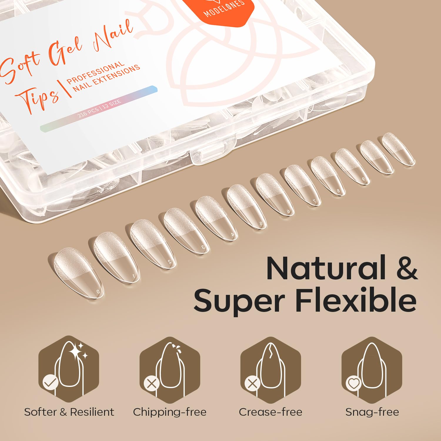 modelones Medium Almond Nail Tips, Pre-shaped Soft Gel Tips Fake Nails False Acrylic Clear Full Cover Press on Extension Kit Gel Manicure DIY at Home 216PCS 12Sizes