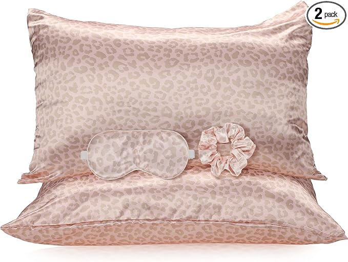 2 Pack Satin Pillowcase with Latent Zipper, Adjustable Satin Eye Mask for Sleeping and Satin Volume Scrunchie for Hair and Skin, Standard Size (Pink, Leopard Style)