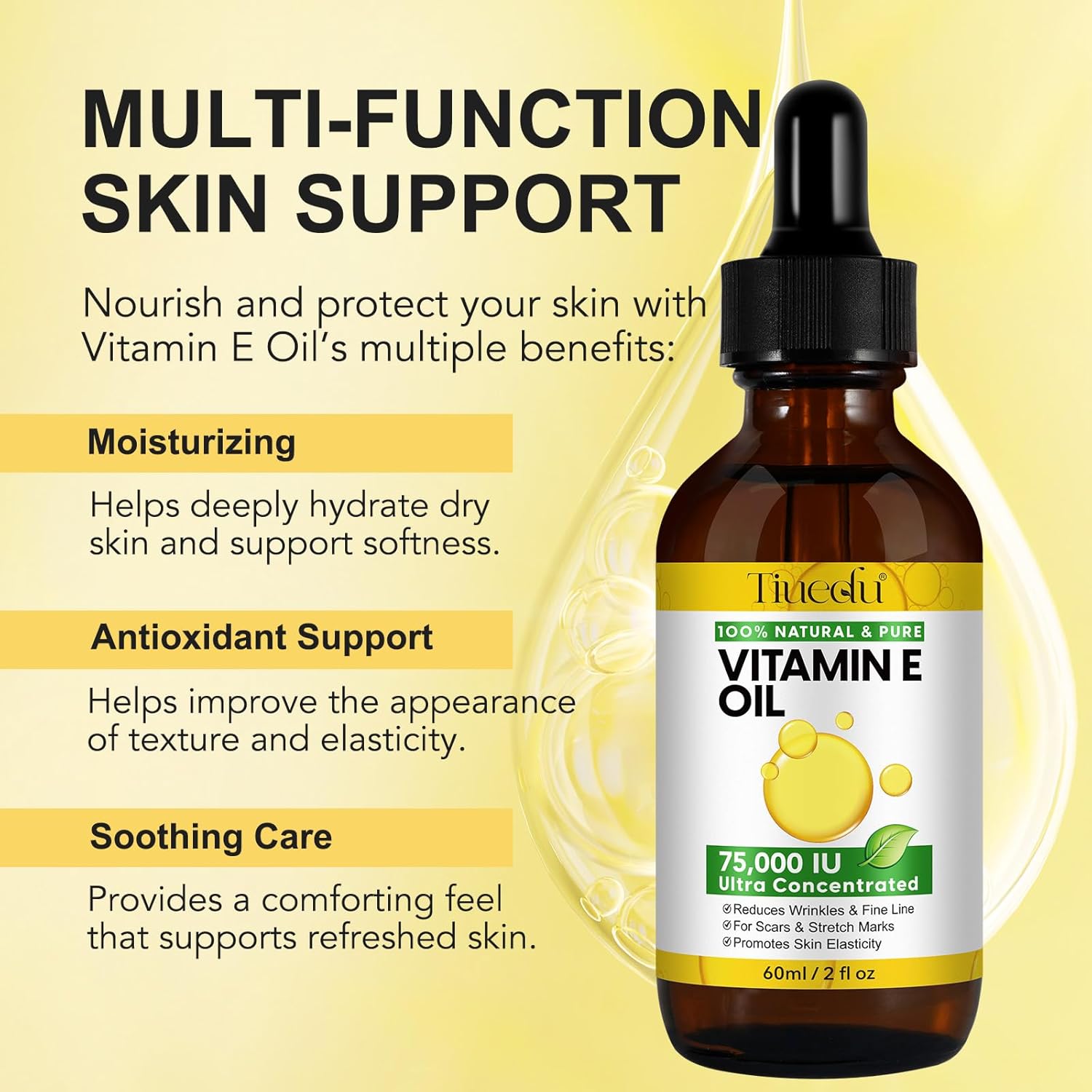 Tiuedu Natural Vitamin E Oil for Skin, 75,000 IU Ultra Concentrated Vitamin E Oil for Face, Hair and Scars, Moisturizing Dry Skin Oils, Promotes Skin Elasticity, 2Fl Oz