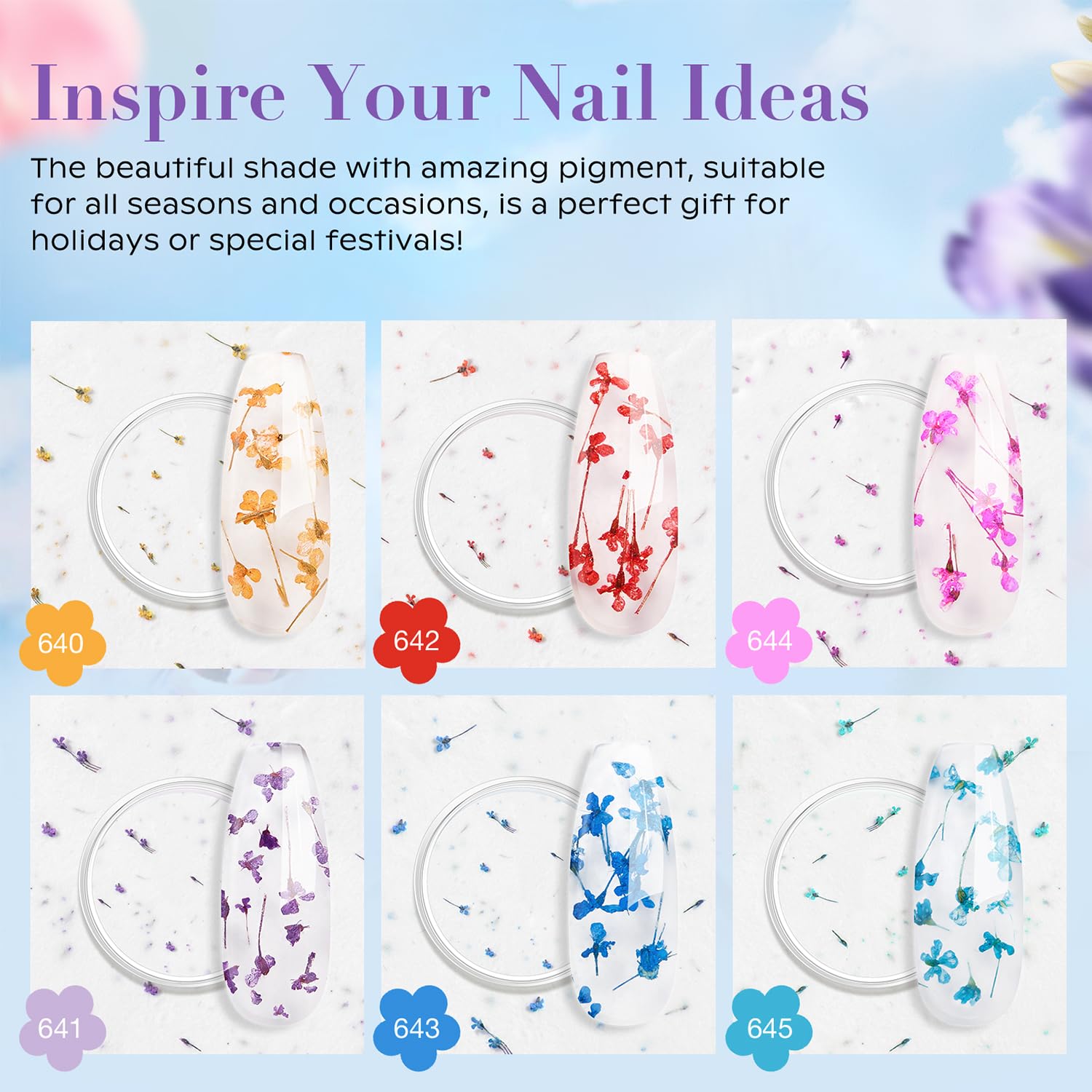 AZUREBEAUTY Dip Powder Nail Transparent Crystal Dried Flower Set, Blue Green Purple Pink Yellow 6 Colors Natural Real Clear Dipping Powder Starter Kit Nail Art Manicure Salon, No Need Nail Lamp Cured