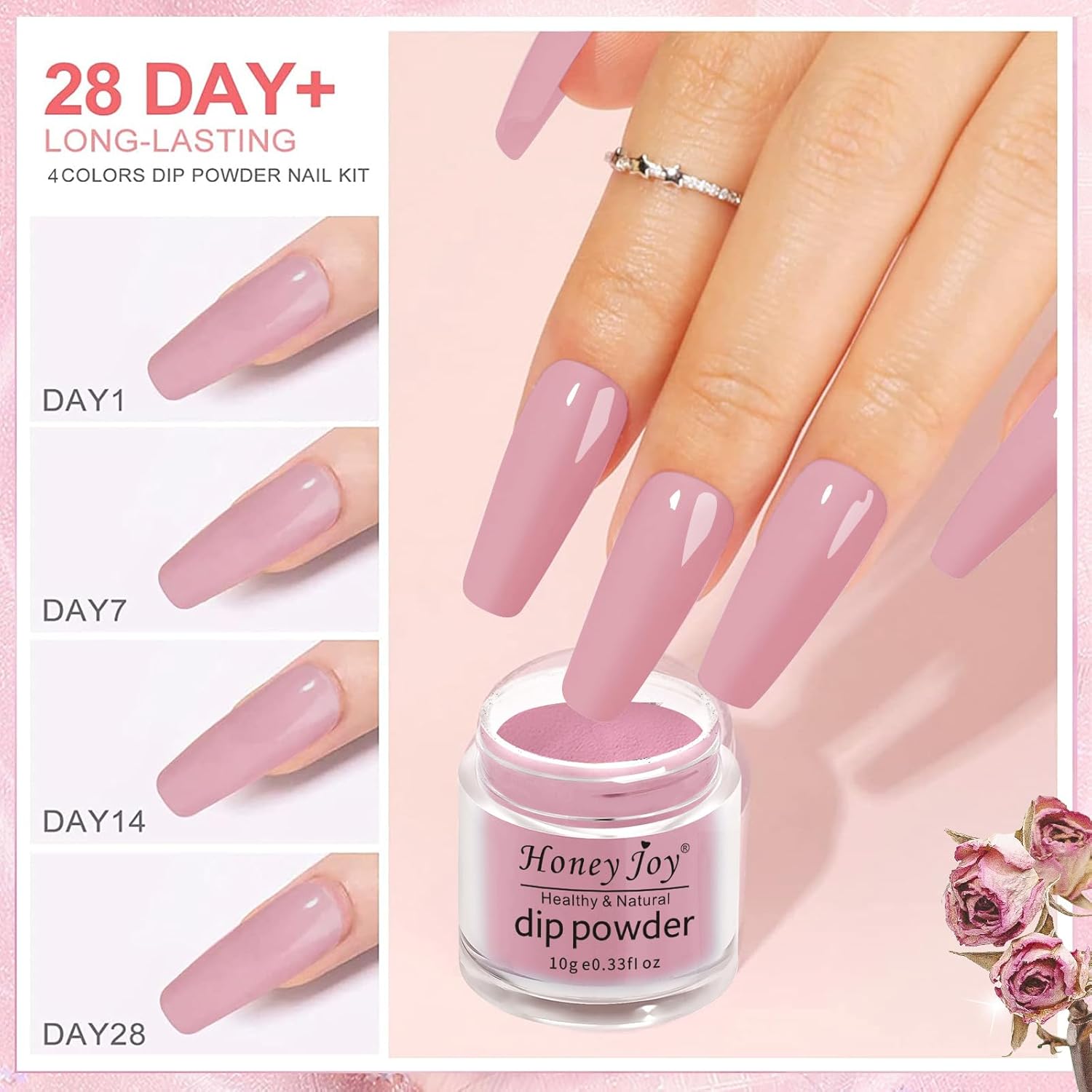 Honey Joy Dip Powder Nail Kit Starter, 4 Colors Pink Glitter Fine Dipping Powder Nude Color Kit with Base Top Coat Activator for Nail Art Manicure Salon DIY No LED Nail Lamp Needed, Dip-7pcs-No.17