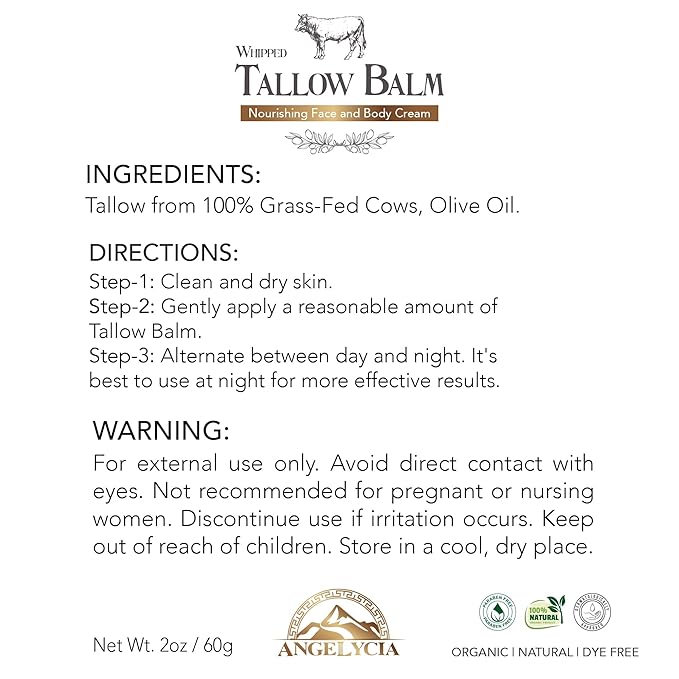 Beef Tallow for Skin | 100% Grass Fed Handmade Tallow Face Moisturizer | Face & Body | Whipped Moisturizer | 100% Natural Tallow Balm | No Parabens | Sensitive & Dry Skin, Eczema, Psoriasis