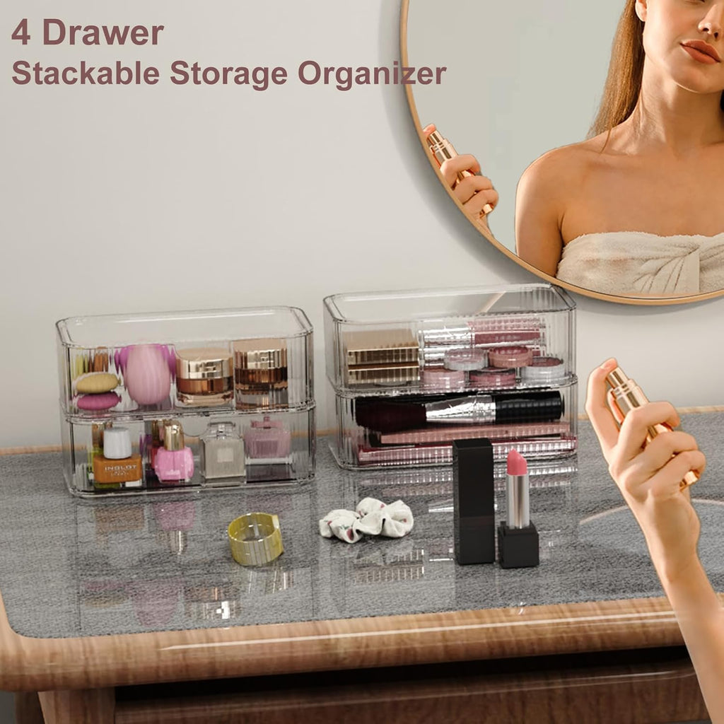 4 Pack Stackable Storage Drawers, Clear Acrylic Makeup Organizer for Vanity, Plastic Storage Bins, Multi-Purpose Cosmetic Display Organizers for Jewelry, Bathroom, Office, Pantry, Home Organization