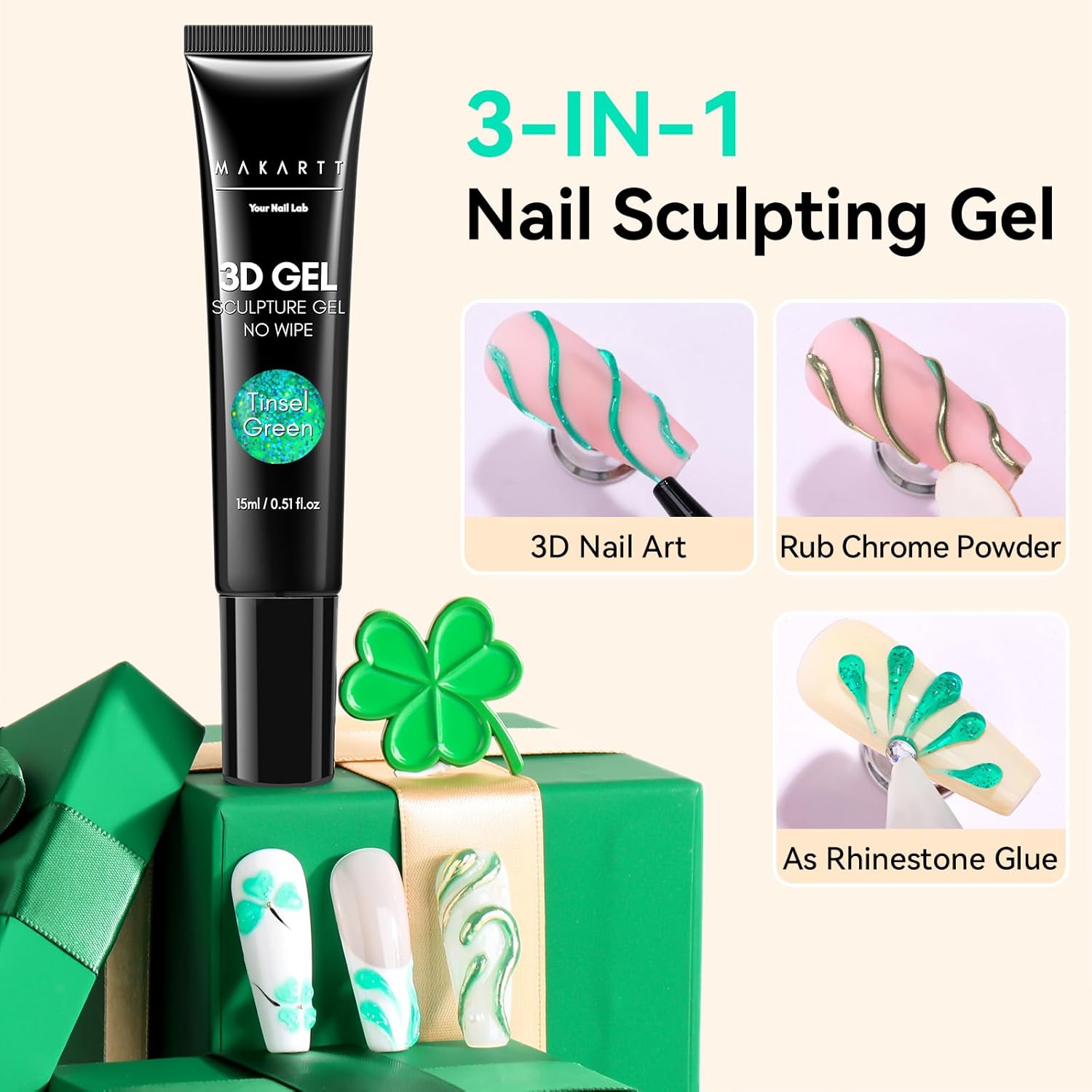 Makartt 3D Gel Nail Art- 3D Nail Gel Sculpting Gel for Nail Designs 15ml 3 in 1 No Wipe Polish for Drawing Carving Nails Molding Gels for Nail Decoration Charms- Tinsel Green