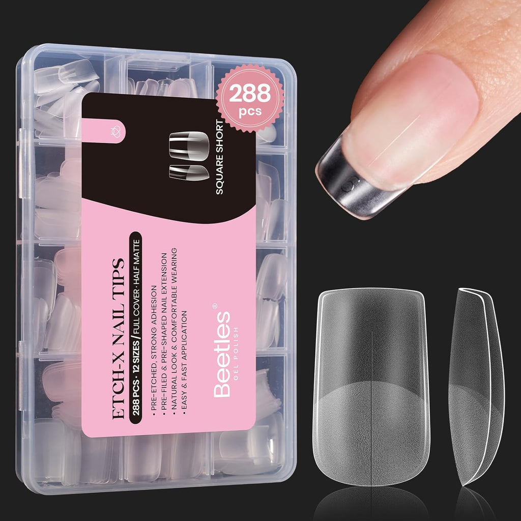 Beetles Short Square Nail Tips, 12 Sizes 288pcs French Full Matte Soft Pre-shaped Etch X Nail Tips, Full Cover False Nails Fake Acrylic Nails No Filing Needed for Nail Extensions Home DIY Nail Salon