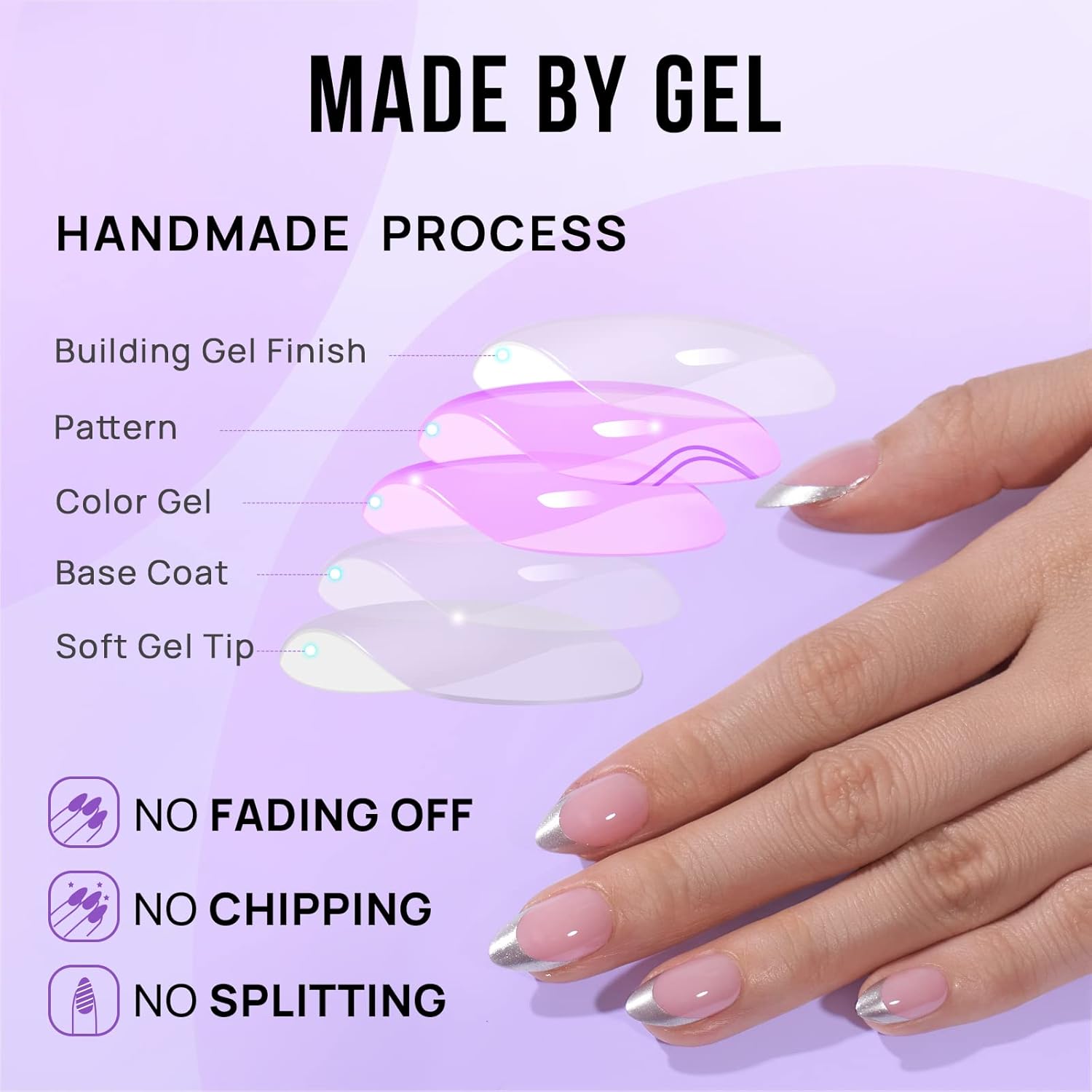 French Tip Press On Nails - BTArtbox 30 PCS Almond Fake Nails, Fit Perfectly & Natural Reusable Silver Outline Soft Gel Nails with Nail Glue and Jelly Glue in 16 Sizes, Rock Me