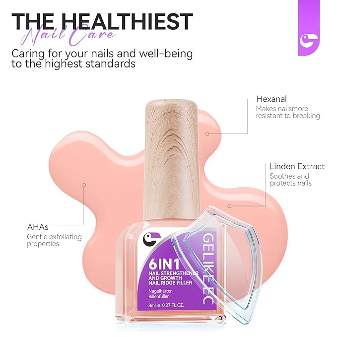 Gelike EC Nail Strengthener for Woman: Nude Blush 6 in 1 Natural Nail Hardener Extra Strong and Growth - Nail Polish Hardener for Weak and Damaged Nails