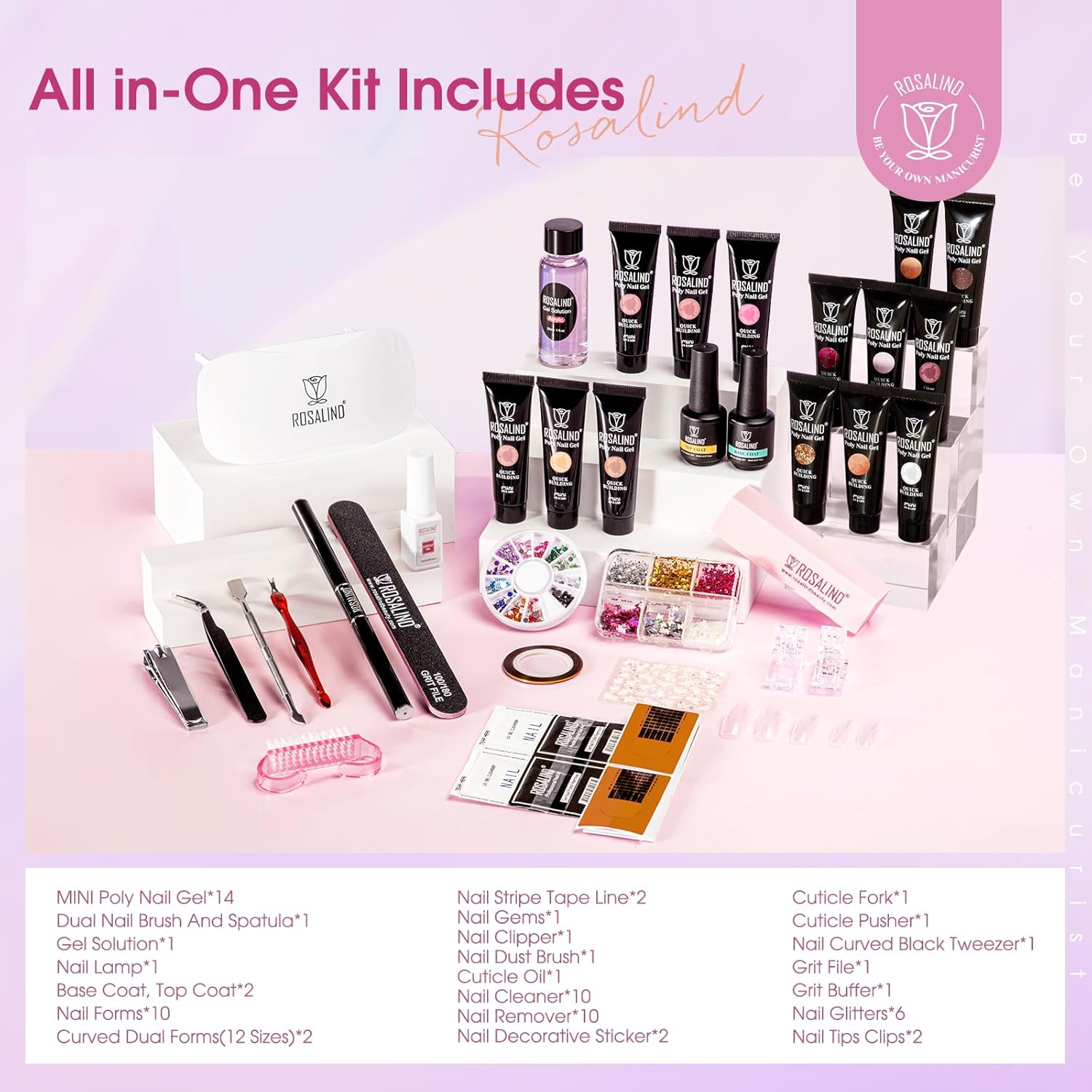 ROSALIND Poly Nail Gel Colors Kit -14 Colors +72 Nail Art Accessories kit Glitter Poly Nails Gel Kit Starter Kit with Mini UV Lamp Slip Solution Nude Pink Poly Nail Art for Beginners with Everything