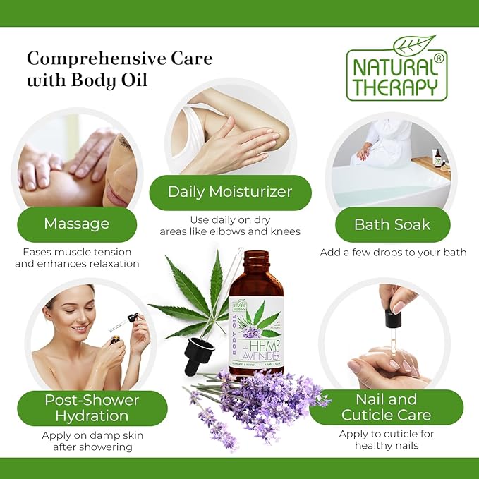 Natural Therapy Hemp & Lavender Body Oil – Moisturizing Body Oil – Hydrate & Soften Skin – Increase Skin Elasticity and Provide Anti-Aging Support (4 Fl.Oz)