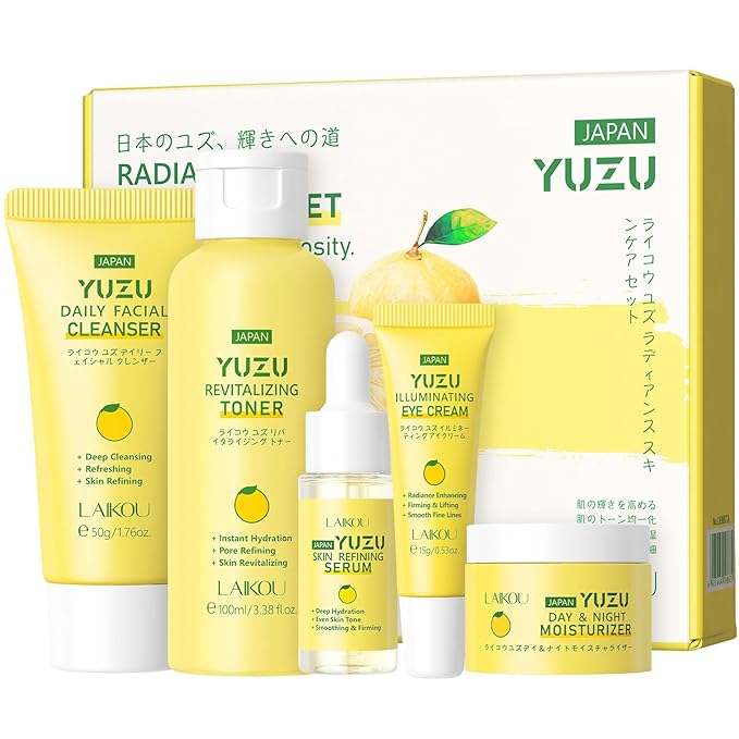 Grapefruit Skincare Set, 5-In-1 Skincare Gift Set With Facial Cleanser, Face Serum, Face Cream, Eye Cream, Moisturizing Toner Anti-Aging Skin Care Kit For Women Men