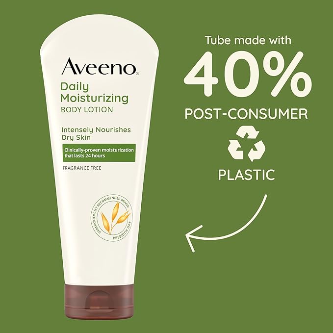 Aveeno Daily Moisturizing Body Lotion with Soothing Prebiotic Oat, Gentle Lotion Nourishes Dry Skin With Moisture, Paraben-, Dye- & Fragrance-Free, Non-Greasy & Non-Comedogenic, 8 fl. oz