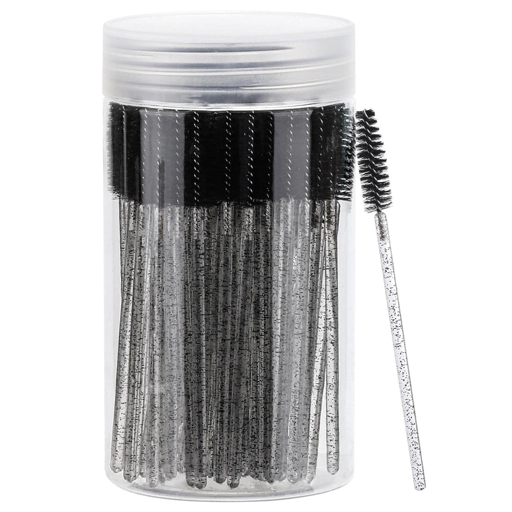 100 Pcs Disposable Mascara Wands, Crystal Eyebrow Spoolies Brush for Eyelash Extensions, Black Lash Brushes with Container