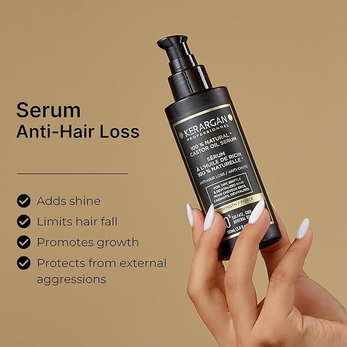 KERARGAN - Anti-Hair Loss Hair Serum with Castor Oil - Protection & Shine for Dry, Brittle Hair - Enriched with Aloe Vera & Macadamia Oil - Sulfate-free, GMO-free, Mineral Oil-free - 3.4 Fl oz