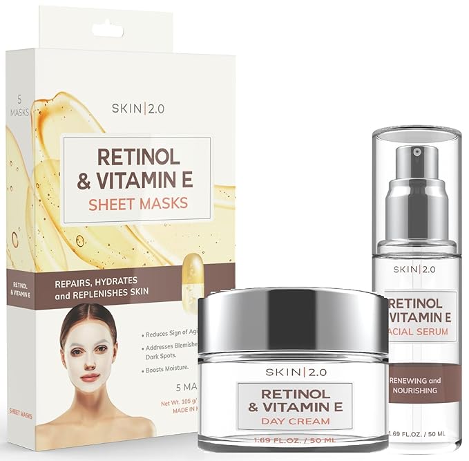 Retinol and Vitamin E Beauty Value Set - Serum, Moisturizer & Face Sheet Masks