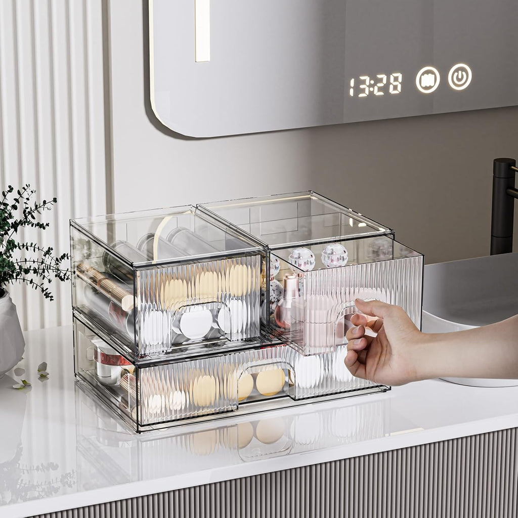 ZHIAI 3 Pack Clear Stackable Cosmetic Organizer with Acrylic Drawers for Cosmetics and Small Items for Dresser, Vanity, Kitchen Cabinet, Pantry, Home Organization and Storage